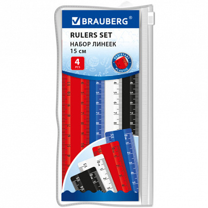 Линейки пластиковые 15 см классические BRAUBERG, НАБОР 4 штуки, непрозрачные, пенал, 210883