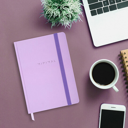 Блокнот с резинкой в клетку 96 л., А5 145х203 мм, твердая обложка, BRAUBERG, "Minimal", сиреневый, 116322