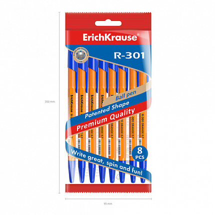Ручки шариковые ERICH KRAUSE R-301 "Stick Orange", СИНИЕ, набор 8 штук, 0,7 мм, 56614
