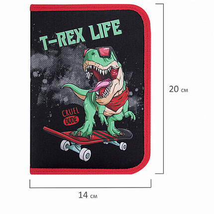 Пенал ПИФАГОР, 1 отделение 2 откидные планки, полиэстер, 20х14 см, "T-Rex Life", 271513
