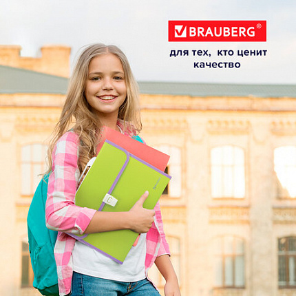 Папка-портфель пластиковая BRAUBERG "JOY", А4 (330х245х35 мм), 13 отделений, с окантовкой, салатовая, 227974