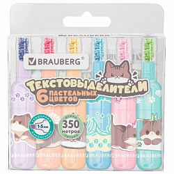 Набор текстовыделителей 6 ПАСТЕЛЬНЫХ ЦВЕТОВ, кросс-серия МИЛЫЕ КОТЫ, линия 1-5 мм, BRAUBERG, 152619