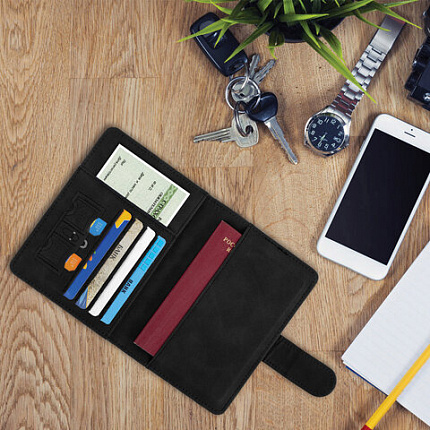 Обложка для паспорта и документов с защитой от считывания, 9 карманов, магнит, экокожа, черная, BRAUBERG, 238757