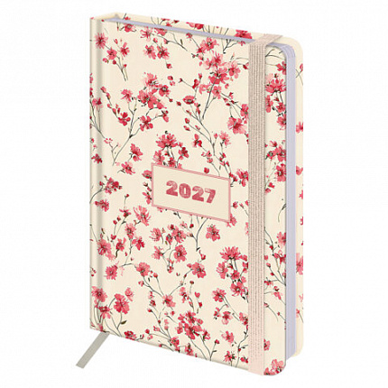 Ежедневник датированный 2027 с резинкой 145х203 мм, А5, BRAUBERG, твердый, "Flower pattern", 117831