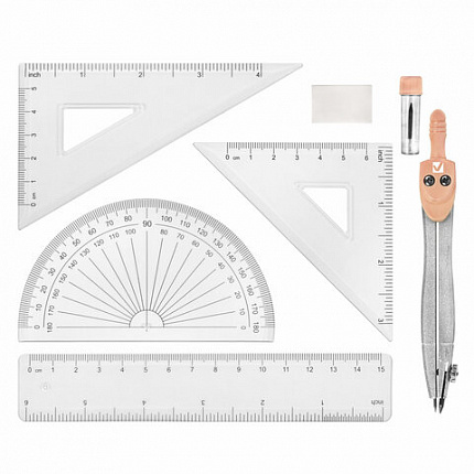 Готовальня BRAUBERG SCHOOL KIT, 8 предметов, циркуль 115 мм, чертежные принадлежности, персиковый цвет, 210704