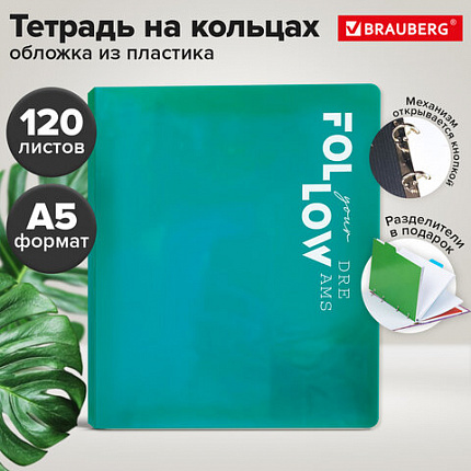 Тетрадь на кольцах А5 175х220, 120л, пластик, разделители, BRAUBERG, БИРЮЗОВЫЙ, 405261