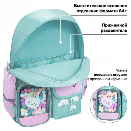Рюкзак BRAUBERG PASTEL с термонашивками в комплекте, "Funny clouds", мятный, 40х29х14 см, 271421