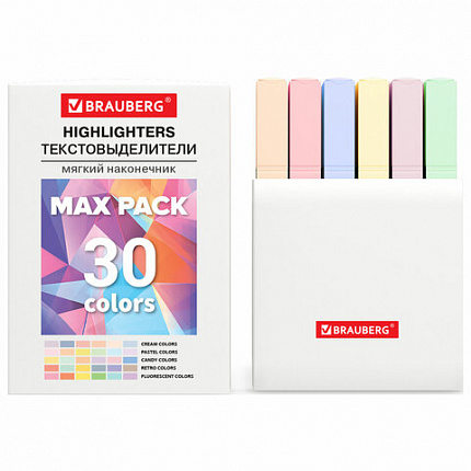 Набор текстовыделителей 30 ЦВЕТОВ BRAUBERG "SUPER MIX", линия 1-5 мм, мягкий скошенный наконечник, 152539