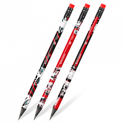 Карандаш чернографитный с принтом BRAUBERG "RED ANIME", 1 шт, HB, с ластиком, корпус ассорти, 182026