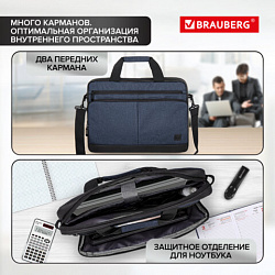 Сумка портфель BRAUBERG FORWARD с отделением для ноутбука 15,6", Deep blue, темно-синяя, 29х40х9 см, 270833