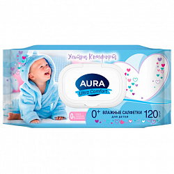 Салфетки влажные 120 шт., для детей, AURA "Ultra Comfort" с алоэ и витамином Е, крышка-клапан, 14847