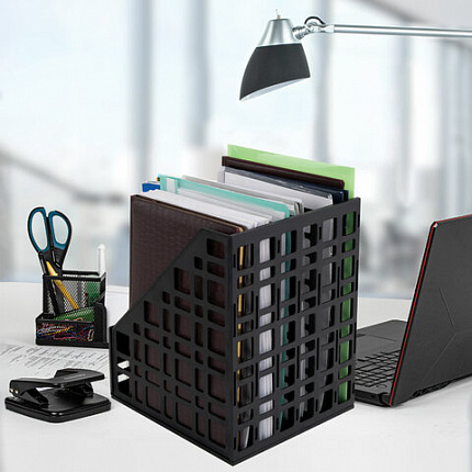 Лоток вертикальный для бумаг BRAUBERG "ULTRA", 240 мм, 6 отделений, сетчатый, сборный, черный, 238251