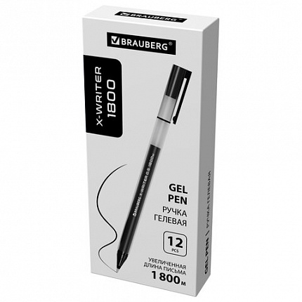 Ручка гелевая BRAUBERG "X-WRITER 1800", УВЕЛИЧЕННАЯ ДЛИНА ПИСЬМА 1 800 м, ЧЕРНАЯ, стандартный узел 0,5 мм, 144135