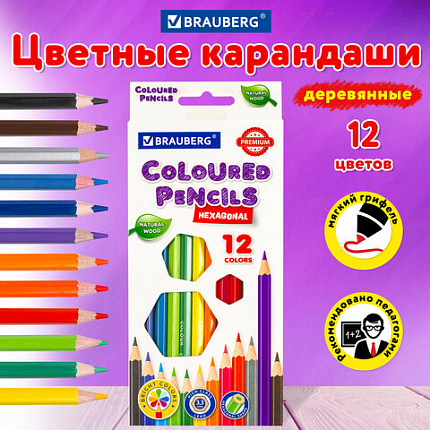 Карандаши цветные BRAUBERG PREMIUM, 12 цветов, шестигранные, грифель мягкий 3,3 мм, 181656