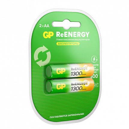 Батарейки аккумуляторные GP ReEnergy Ni-Mh пальчиковые КОМПЛЕКТ 2 шт., AA (HR6), 1300 mAh, 130AAHCRGY, 130AAHCRGY-2CRC