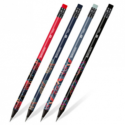 Карандаш чернографитный BRAUBERG "ONI", 1 шт, HB, с ластиком, корпус ассорти, 182023