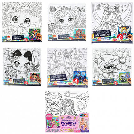 Картина детская по контуру, АССОРТИ 7 видов, 15х15 см, на подрамнике, акрил, кисти, МУЛЬТИ АРТ, 5902