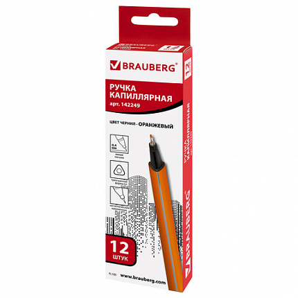 Ручка капиллярная (линер) BRAUBERG "Aero", ОРАНЖЕВАЯ, трехгранная, металлический наконечник, линия письма 0,4 мм, 142249