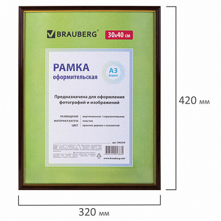 Рамка 30х40 см небьющаяся, пластик, багет 14 мм, BRAUBERG "HIT", красное дерево с позолотой, 390259
