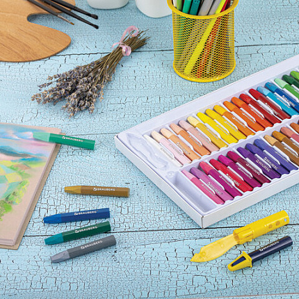 Пастель масляная восковые мелки утолщенные 48 цвета с точилкой, держателем и стеком, BRAUBERG PREMIUM, 272714