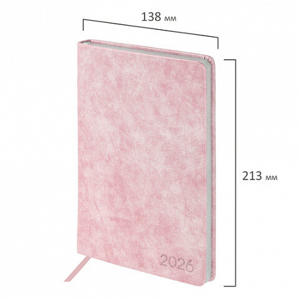 Ежедневник датированный 2026 А5 138х213 мм, BRAUBERG "Ice", под кожу, розовый, 117390