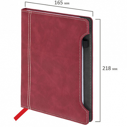 Блокнот А5 165x218 мм, BRAUBERG "Perfect", под кожу софт-тач, держатель для ручки, 80 листов, клетка, бордовый, 116616