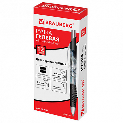 Ручка гелевая автоматическая с грипом BRAUBERG "Jet Gel", ЧЕРНАЯ, печать, узел 0,6 мм, линия письма 0,4 мм, 142691