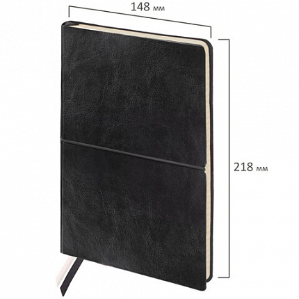 Блокнот А5 (148х218 мм), BRAUBERG "Black Jack", 128 л., гладкий кожзам, резинка, клетка, черный, 125240