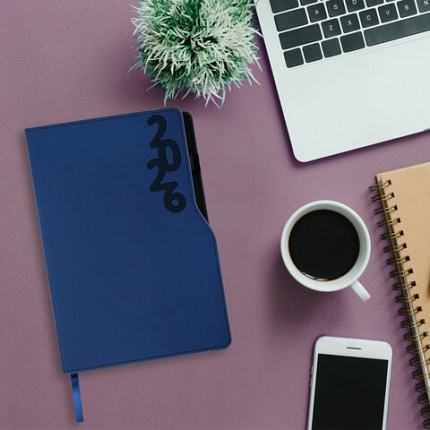 Ежедневник датированный 2026, А5, 150x213 мм, BRAUBERG "Up", под кожу, софт-тач, держатель для ручки, синий, 117118