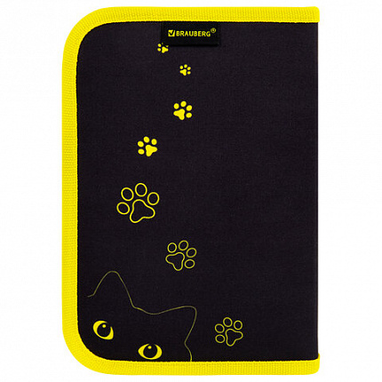 Пенал BRAUBERG с наполнением, 1 отд, 1 откидная планка, 24 предмета, Dark cat, 272351