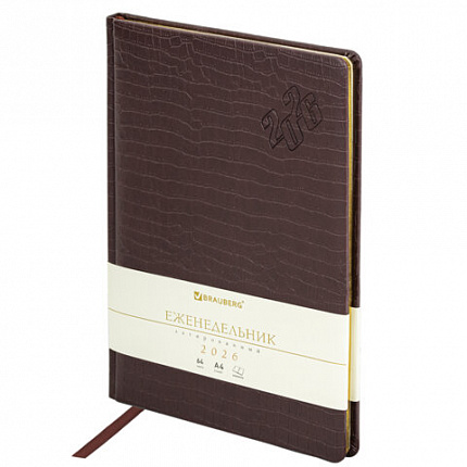 Еженедельник датированный 2026 БОЛЬШОЙ ФОРМАТ 210х297 мм, А4 BRAUBERG "Comodo", под кожу, коричневый, 117152