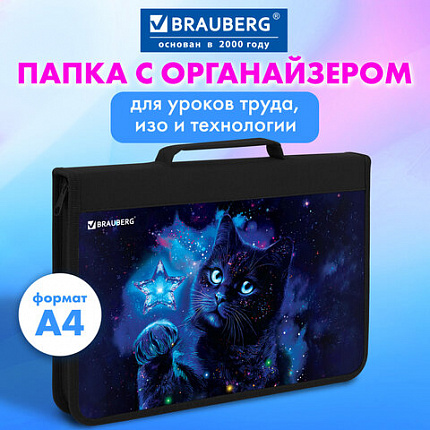 Папка на молнии BRAUBERG А4 с ручкой, с органайзером, 1 отделение, "Звездный кот", 274475