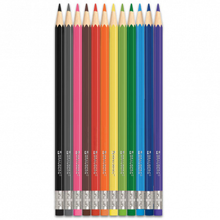 Карандаши цветные стираемые с ластиком BRAUBERG ERASABLE, 12 цветов, шестигранные, 182070
