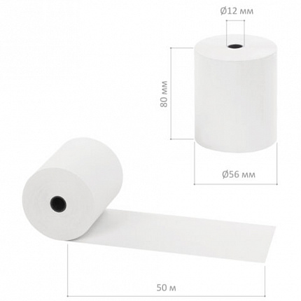 Чековая лента ТЕРМОБУМАГА 80 мм (диаметр 56 мм, длина 50 м, втулка 12 мм) КОМПЛЕКТ 60 шт., BRAUBERG, 115376