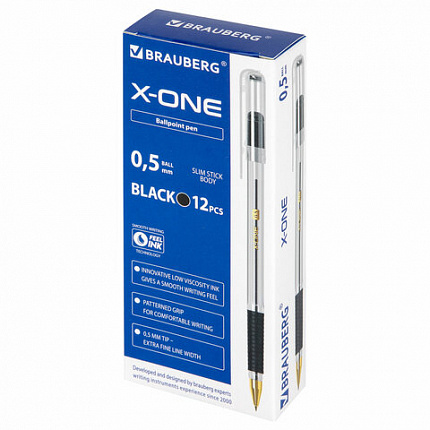 Ручка шариковая с грипом BRAUBERG "X-ONE", ЧЕРНАЯ, корпус прозрачный, узел 0,5 мм, линия письма 0,35 мм, 143988