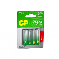 Батарейки КОМПЛЕКТ 4 шт., GP Super G-Tech, AA (LR6,15А), алкалиновые, пальчиковые, ПРОМО 3+1, 15A3/1-2CR4
