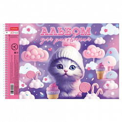 Альбом для рисования А4 40 л., спираль, металлизация + выборочный лак, HATBER, 198х300 мм, "Котики-зефирки" (4 вида), 085245, 40А4мтлВсп