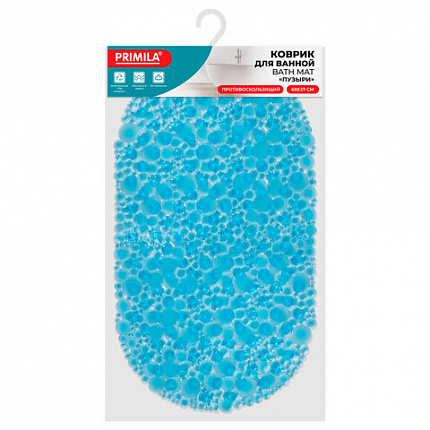 Коврик для ванны противоскользящий 68х37 см, "Пузыри", овальный, прозрачно-голубой, ПВХ, PRIMILA (ПРИМИЛА), 700381