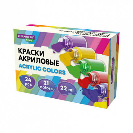 Краски акриловые художественные 24шт 21 цвет в банках по 22мл, BRAUBERG HOBBY, 192412