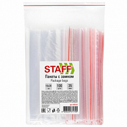 Пакеты с замком ZIP-LOCK "зиплок", комплект 100 шт., 150х200 мм, ПВД, толщина 35 мкм, STAFF, 608166