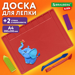 Доска для лепки А4, 280х200 мм, BRAUBERG KIDS, красная, 7 отделений для пластилина, 2 стека, 274257