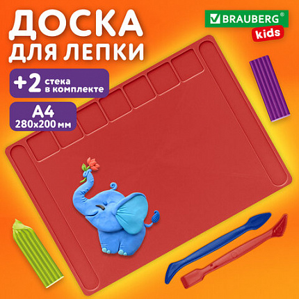 Доска для лепки А4, 280х200 мм, BRAUBERG KIDS, красная, 7 отделений для пластилина, 2 стека, 274257