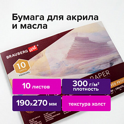 Альбом для акрила и масла, 300 г/м2, 190х270 мм, 10 листов, склейка, тиснение "холст", BRAUBERG ART PREMIERE, 113267