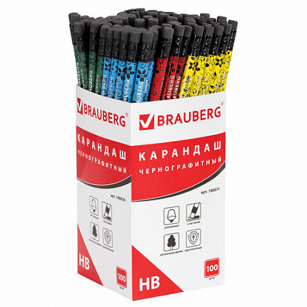 Карандаш чернографитный BRAUBERG, 1 шт., "Fuete", НВ, c ластиком, черное дерево, корпус ассорти, 180634