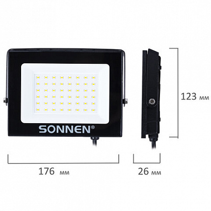 Прожектор светодиодный 50 Вт, 6500 К, 4000 Лм, 50 м2, IP65, 176x123x26 мм, черный, SONNEN, 238414