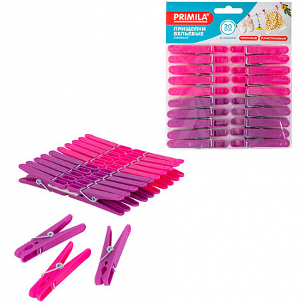 Прищепки бельевые 6,8 см, КОМПЛЕКТ 20 штук, пластик, ассорти, PRIMILA (ПРИМИЛА) COMPACT, 700520