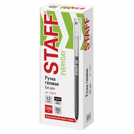 Ручка гелевая STAFF "EVERYDAY" GP-673, ЧЕРНАЯ, длина письма 1000 м, игольчатый узел 0,5 мм, линия письма 0,35 мм, 143673