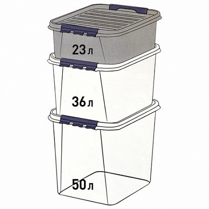 Ящик-контейнер 23 л с КРЫШКОЙ НА ЗАЩЕЛКАХ "ПРОФИ", 18х50х39 см, штабелируемый, ПРОЧНЫЙ, прозрачный, 437940000