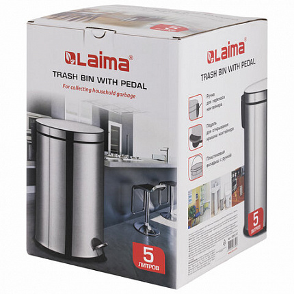 Ведро мусорное с педалью 5 литров "Classic Plus", ЗЕРКАЛЬНОЕ, нержавеющая сталь, со съемным внутренним ведром, LAIMA, ТУРЦИЯ, 608112