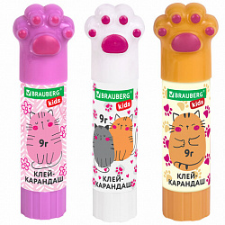 Клей-карандаш "Лапки" Cat Paw, 9 г, фигурный колпачок, 3 шт. на блистере, BRAUBERG KIDS, 271982